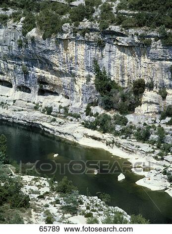 Stock Photo - High angle view of a river, Ardeche, Rhone-Alpes, France . Fotosearch