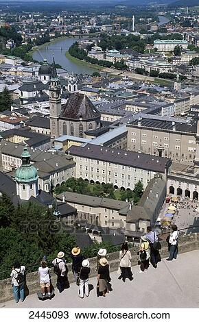 High angle view of buildings in town, Salzach River, Salzburg, Austria View Large Photo Image Stock Image - High angle view of buildings in town, Salzach River, Salzburg, Austria . Fotosearch