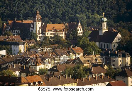 Stock Photography - High angle view of city, Breisgau, Freiburg im Breisgau, Black Forest, Baden-Wuerttemberg, Germany . Fotosearch