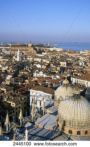 Stock Image - High angle view of cityscape, St. Mark's Square, San Marco Column, Venice, Veneto, Italy . Fotosearch