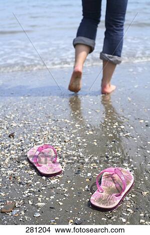 High angle view of flip-flops and sea shells on beach View Large Photo Image Picture - High angle view of flip-flops and sea shells on beach . Fotosearch