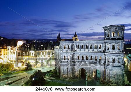 Stock Photo - High angle view of fortified town gate, Porta Nigra, Trier, Rhineland-Palatinate, Germany . Fotosearch