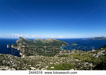 High angle view of rocky coastline, Cap de Formentor, Mallorca, Balearic Islands, Spain View Large Photo Image Stock Photograph - High angle view of rocky coastline, Cap de Formentor, Mallorca, Balearic Islands, Spain . Fotosearch