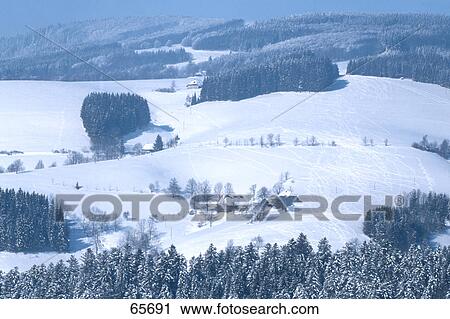 Stock Image - High angle view of snowy landscape, Black Forest, Baden-Wuerttemberg, Germany . Fotosearch