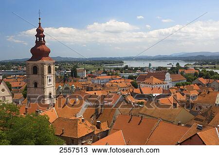 Stock Image - High angle view of town, Ptuj, Balkan Peninsula, Slovenia . Fotosearch