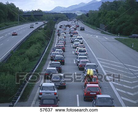 High angle view of traffic jam on highway, Bavaria, Germany View Large Photo Image Stock Photo - High angle view of traffic jam on highway, Bavaria, Germany . Fotosearch
