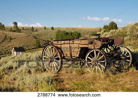 Picture - Horsedrawn carriage in field, Great Divide Basin, South Pass City, Fremont County, Wyoming, USA . Fotosearch