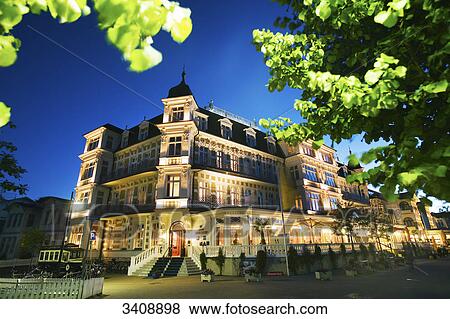 Stock Photo - Hotel Ahlbecker Hof at night, Ahlbeck, Usedom, Germany, low angle view . Fotosearch