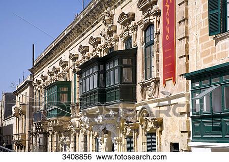 Stock Photograph - House front in the old town of Valletta, Malta . Fotosearch