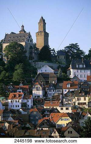 Stock Photo - Houses with castle in city, Kronberg, Hochtaunuskreis, Hesse, Germany . Fotosearch