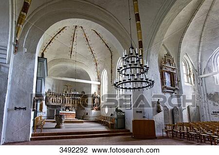 Stock Image - Interior of the St. Johns Church, Nieblum, Foehr, Schleswig-Holstein, Germany . Fotosearch