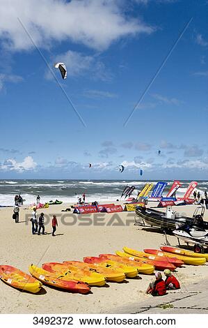 Stock Image - Kitesurfers on the beach (Kitesurf-Trophy), Westerland, Sylt, Schleswig-Holstein, Germany . Fotosearch