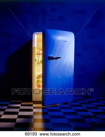 Stock Image - Light emitting out of partially open nutrition meal refrigerator . Fotosearch
