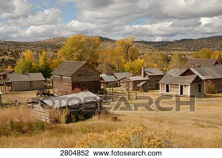 Stock Image - Log cabins in ghost town, Nevada City, Montana, USA . Fotosearch