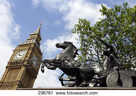 Low angle view of clock tower and Chariot statue, Big Ben, City of Westminster, London, England View Large Photo Image Stock Image - Low angle view of clock tower and Chariot statue, Big Ben, City of Westminster, London, England . Fotosearch