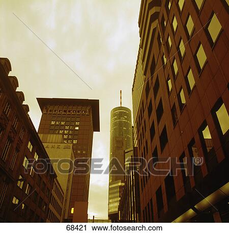 Stock Image - Low angle view of office buildings, Frankfurt, Hesse, Germany . Fotosearch