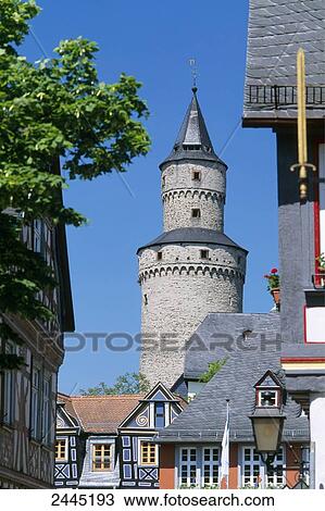 Stock Image - Low angle view of tower, Hexenturm, Idstein, Darmstadt, Hesse, Germany . Fotosearch