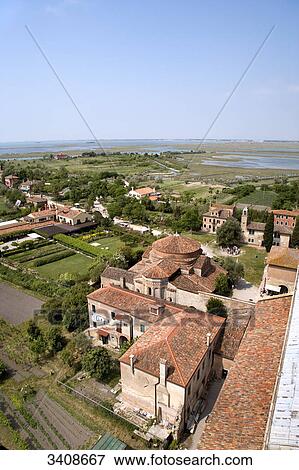 Stock Photo - Old buildings in Torcello, Venetia, Italy, high angle view . Fotosearch
