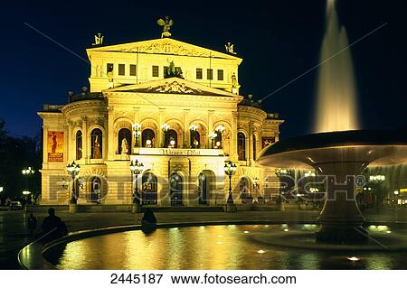 Stock Photo - Opera house lit up at night, Frankfurt, Hesse, Germany . Fotosearch