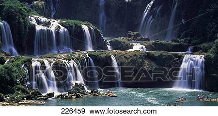 Panoramic view of waterfalls, China View Large Photo Image Stock Photo - Panoramic view of waterfalls, China . Fotosearch