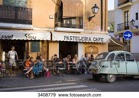 Stock Photo - Pavement cafe in the old town, Ibiza City, Ibiza, Spain . Fotosearch