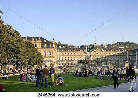 Picture - People at palace square, Stuttgart, Baden-Wuerttemberg, Germany . Fotosearch