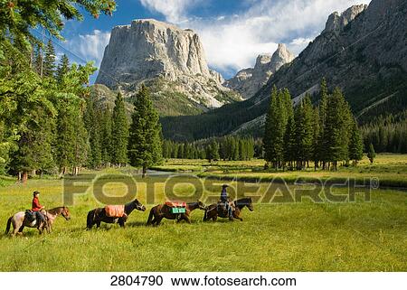 People riding horses with mountain in background, Wind River Range, Wyoming, USA View Large Photo Image Stock Image - People riding horses with mountain in background, Wind River Range, Wyoming, USA . Fotosearch