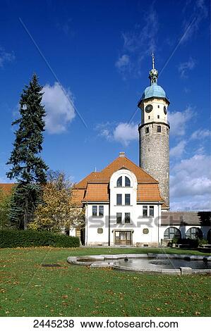 Stock Photo - Pond in front of tower building, Neideckturm, Arnstadt, Thuringia, Germany . Fotosearch