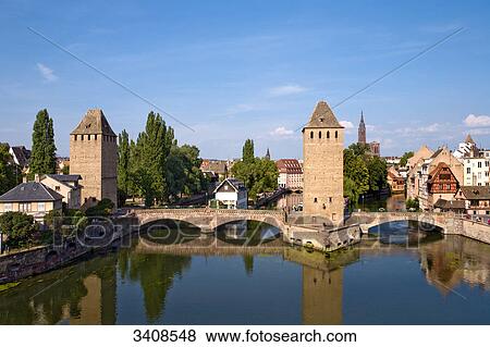 Stock Photo - Ponts Couverts over the Ill river, Strasbourg, France, elevated view . Fotosearch