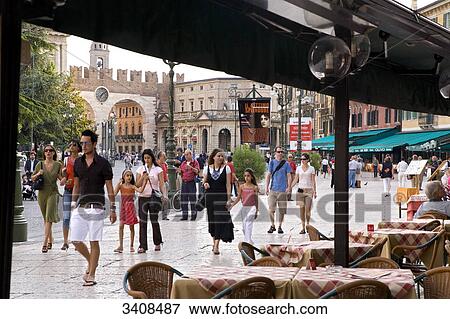 Restaurant in a pedestrian area, Piazza Bra, Verona, Italy View Large Photo Image Stock Photo - Restaurant in a pedestrian area, Piazza Bra, Verona, Italy . Fotosearch