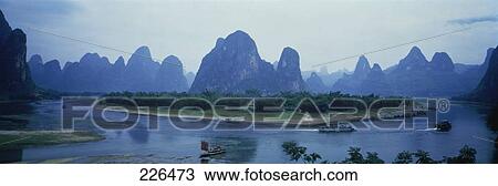 Stock Image - River with hill range in background, Li River, Guilin Hills, Guangxi Zhuangzu, China . Fotosearch