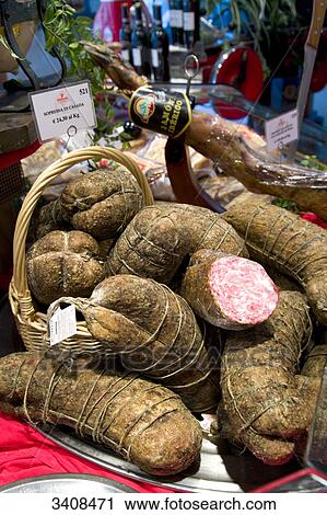 Stock Image - Sausages in a delicatessen, Treviso, Italy, elevated view . Fotosearch