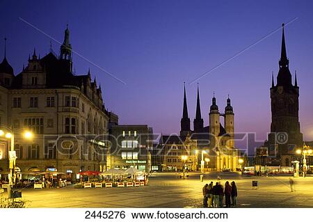 Stock Photograph - Silhouette of cathedral at dusk, Halle, Saxony-Anhalt, Germany . Fotosearch
