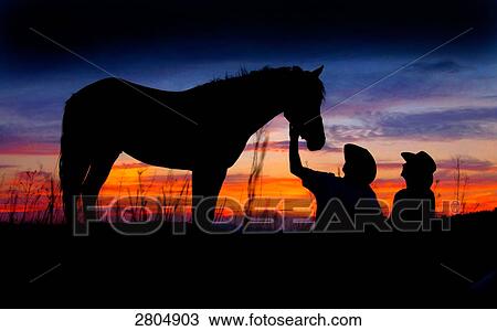 Stock Image - Silhouette of couple with horse . Fotosearch