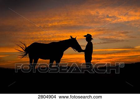 Picture - Silhouette of man standing with horse . Fotosearch