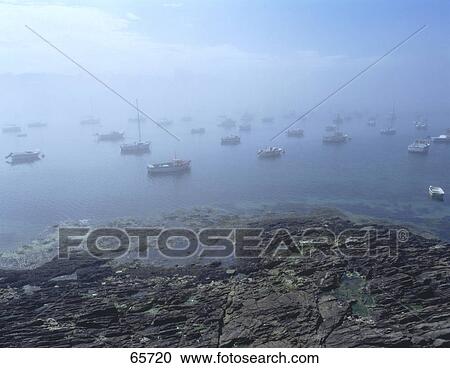 Stock Image - Silhouette of sailboats at port in foggy weather, Port Of Le Conquet, Finistere, Brittany, France . Fotosearch