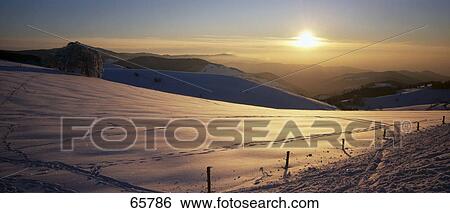 Stock Photograph - Snowcovered landscape at dusk, Black Forest, Germany . Fotosearch