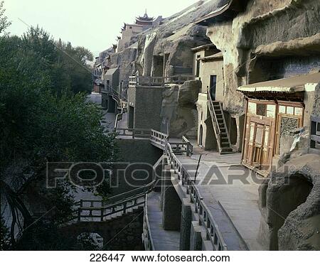 Stairs leading to caves, China View Large Photo Image Stock Photo - Stairs leading to caves, China . Fotosearch