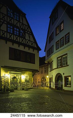 Stock Photography - Timber-framed houses lit up at night, Erfurt, Thuringia, Germany . Fotosearch