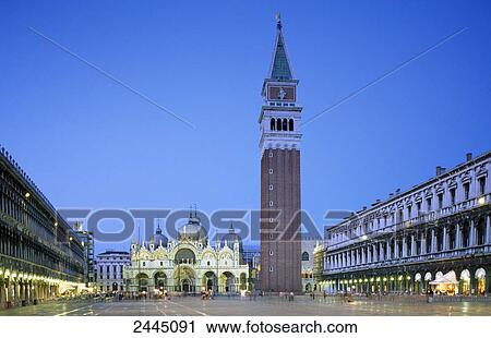 Stock Image - Tourists at town square, St. Mark's Square, San Marco Column, Church of San Giorgio Maggiore, Venice, Veneto, Italy . Fotosearch