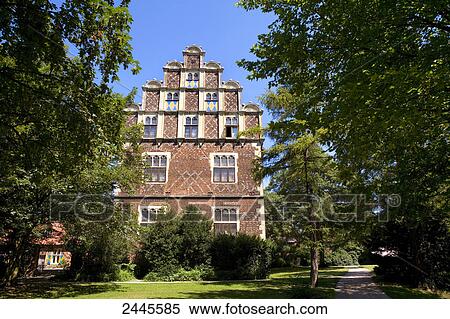 Stock Photography - Trees in front of museum, Westpreussisches Landesmuseum, Drostenhof, Wolbeck, Muenster, North Rhine-Westphalia, Germany . Fotosearch