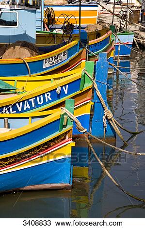 Typical maltese fishing boats, Marsaxlokk, Malta, elevated view View Large Photo Image Stock Image - Typical maltese fishing boats, Marsaxlokk, Malta, elevated view . Fotosearch