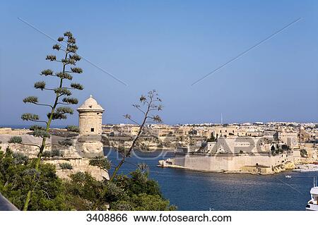 Stock Photograph - View of Cospicua, Vittoriosa and Senglea (Three Cities), Malta, elevated view . Fotosearch