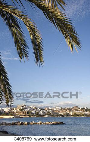 Stock Photo - View of Ses Figueretes and Dalt Vila, Ibiza, Spain . Fotosearch