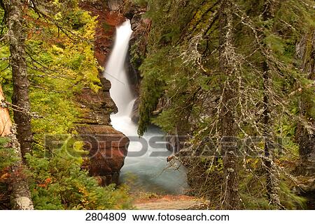Stock Photo - Waterfall in forest, Glacier National Park, Montana, USA . Fotosearch