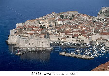 Aerial view of a town at the coast, Dubrovnik, Croatia View Large Photo Image Stock Image - Aerial view of a town at the coast, Dubrovnik, Croatia . Fotosearch