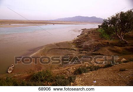 Stock Photograph - Aerial view of boat moored at riverside, Indus River, Pakistan . Fotosearch