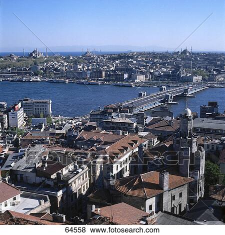 Stock Photo - Aerial view of bridge across river, Galata Bridge, Istanbul, Turkey . Fotosearch
