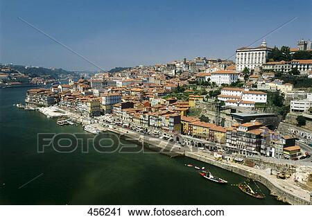 Aerial view of city at waterfront, Porto, Portugal View Large Photo Image Stock Image - Aerial view of city at waterfront, Porto, Portugal . Fotosearch
