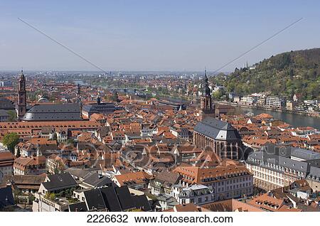 Aerial view of city, Church Of The Holy Ghost, River Neckar, Heidelberg, Germany View Large Photo Image Stock Image - Aerial view of city, Church Of The Holy Ghost, River Neckar, Heidelberg, Germany . Fotosearch